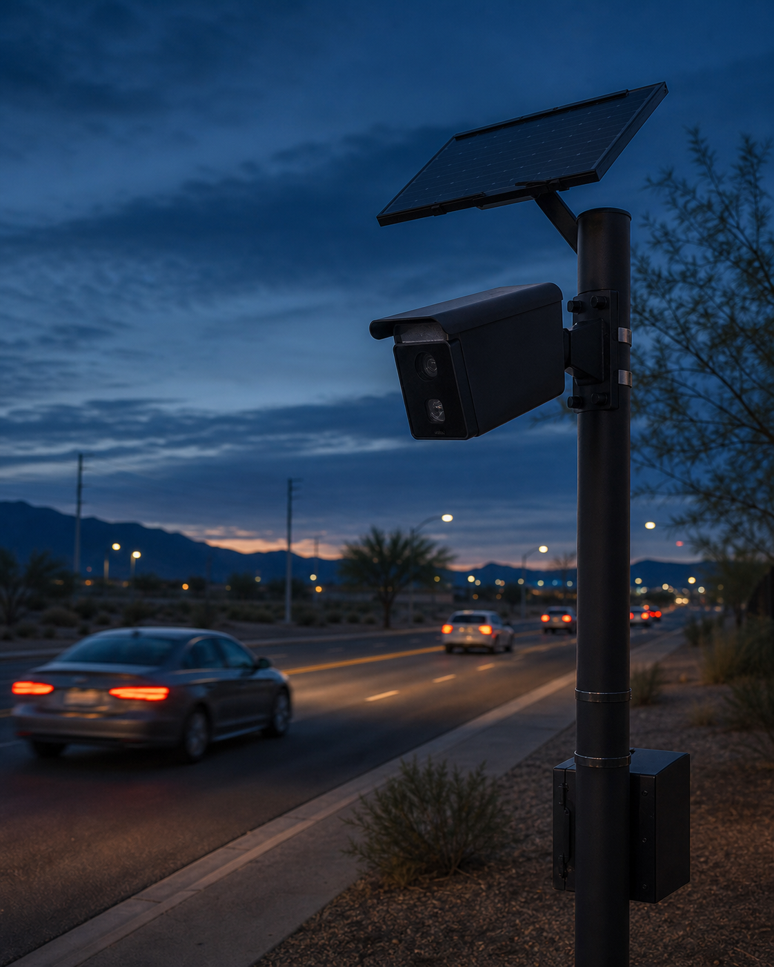 An unbranded roadside license plate reader camera watching cars pass at dusk