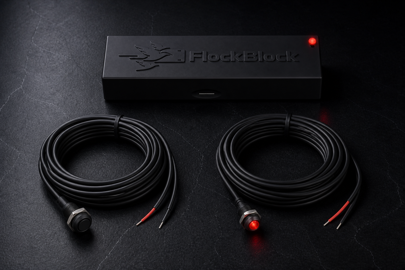 Black FlockBlock device with its red status light illuminated and two coiled wire harnesses